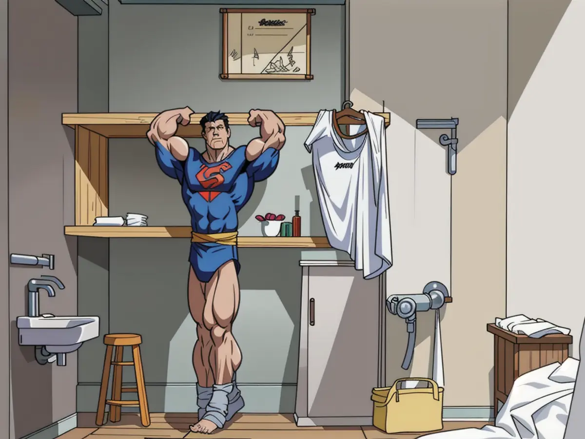 Three wooden shelves, installed on the bathroom walls, showcased in a photograph. Three wooden shelves, mounted on the bathroom walls, pictured in the image.