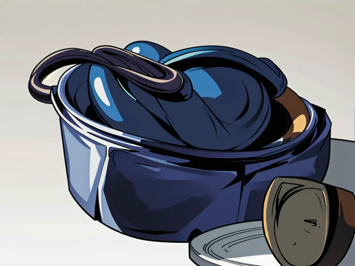 Table hosts blue Dutch oven Dutch oven located on a table