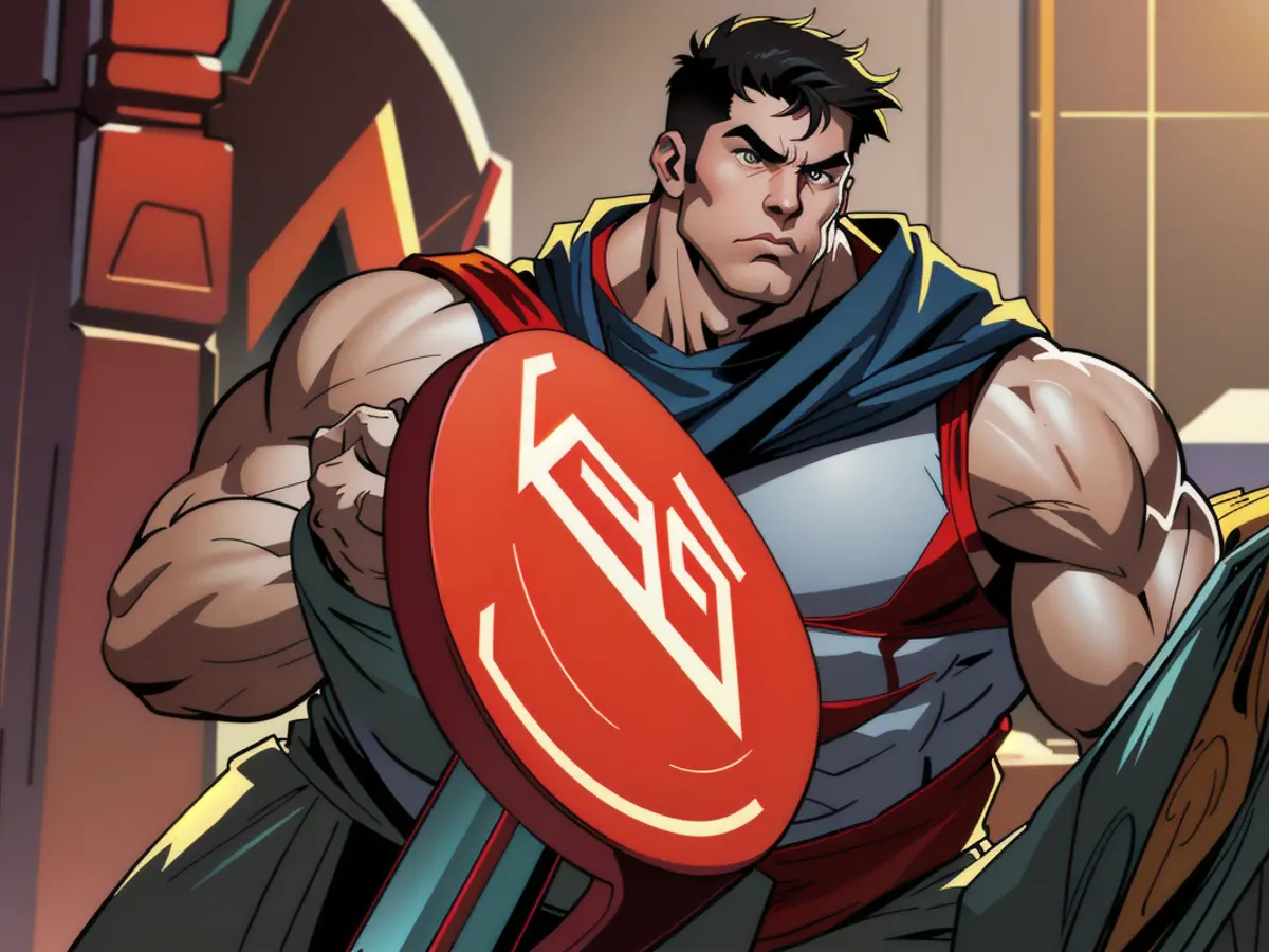 Red-clad orator donning a backpack accessorized. Red-clad individual sporting a backpack associated with the gear.