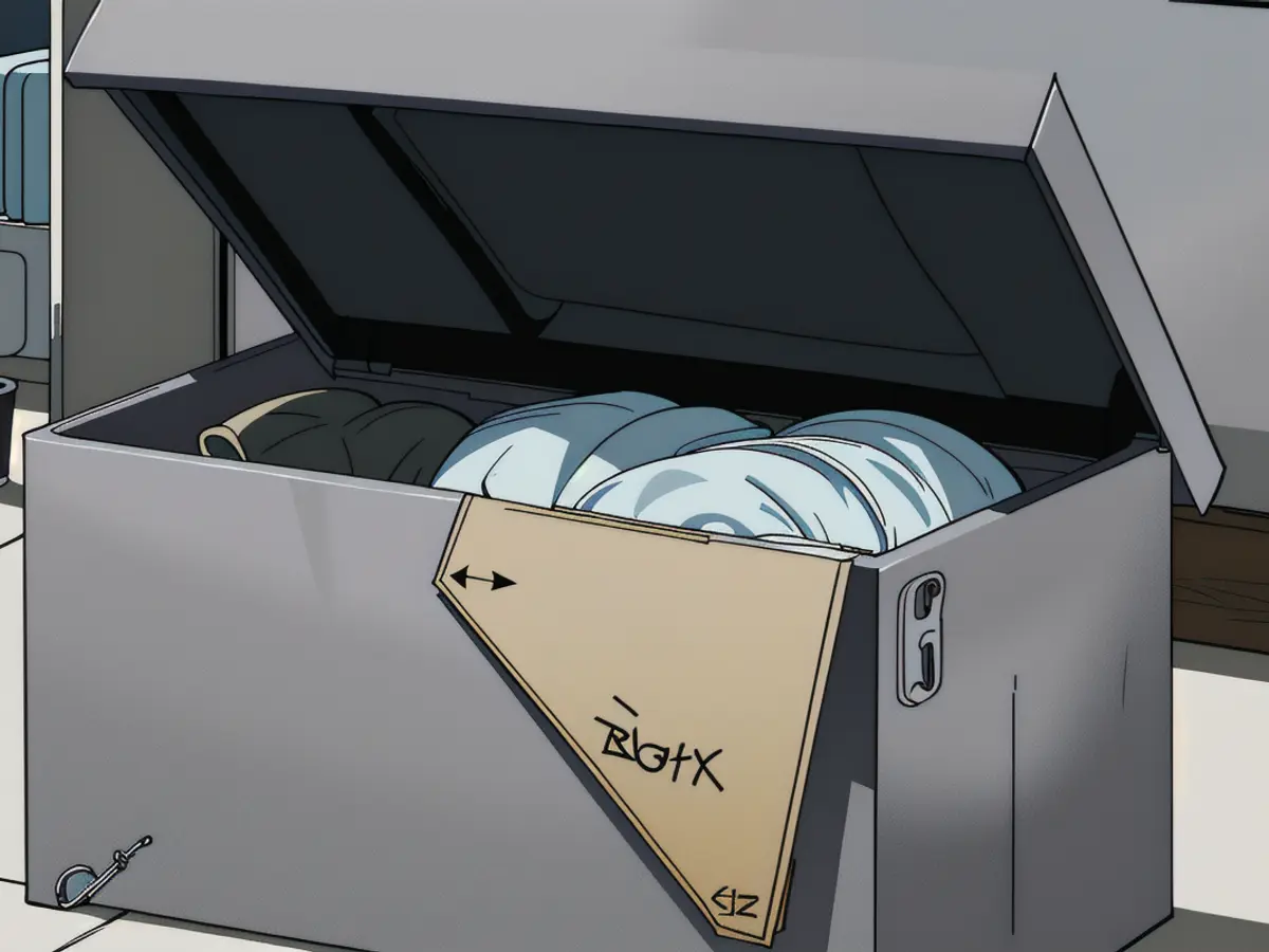 Open lid of grey storage ottoman reveals its contents Open lid of grey storage ottoman, revealing its contents