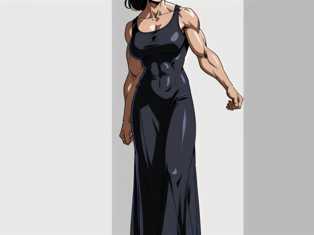 Individual donning a lengthy black gown. Individual donning a large, black evening gown