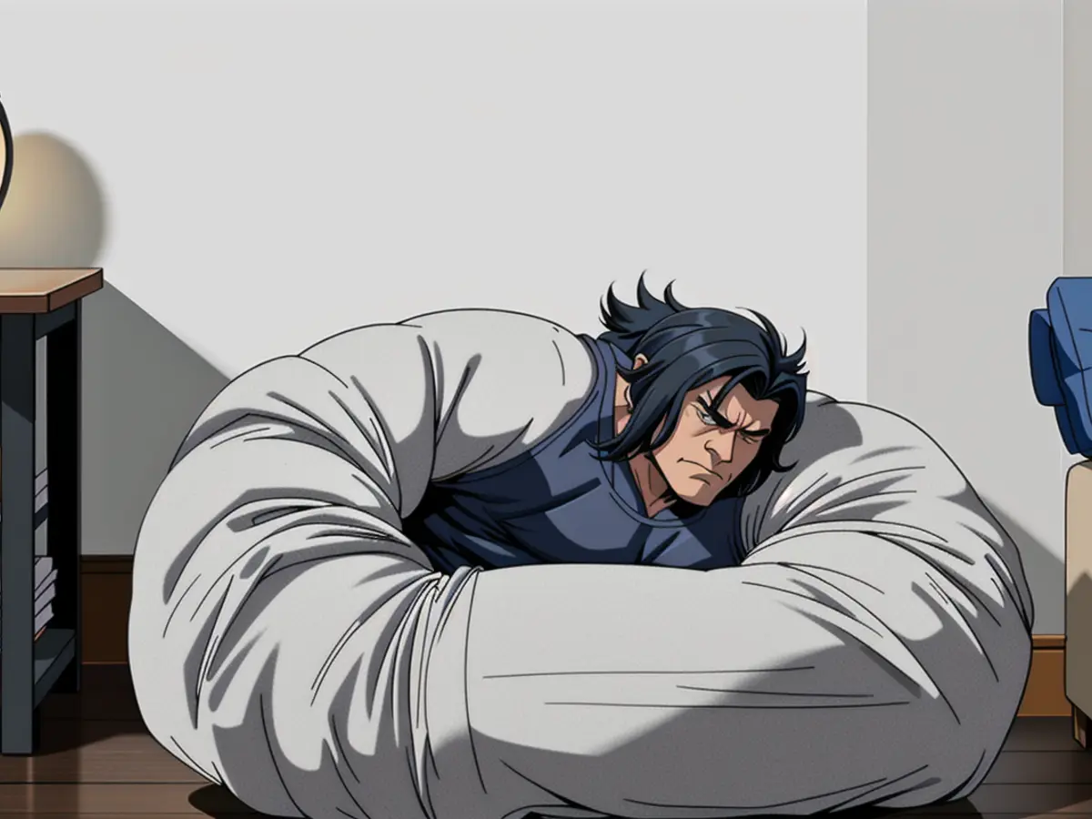 Canine reclining on plush, gray mattress Canine lounging in plush, grey cushioning.