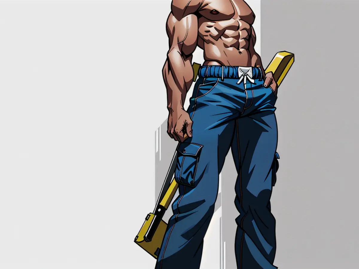 Individual sporting dark blue extended, pocketed trousers as apparel. Individual donning long, dark blue cargo trousers.