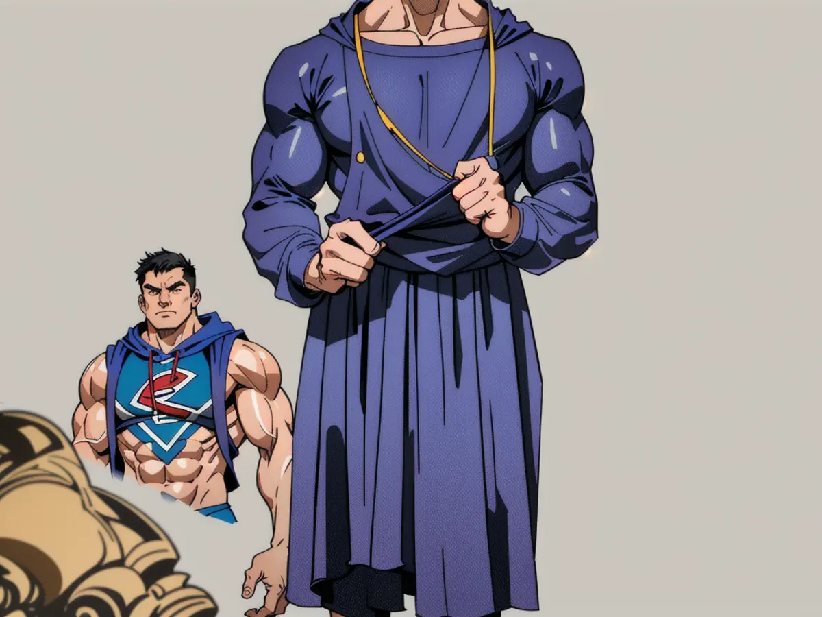 Person donning a blue robe in public appearance. Person donning a blue robe in the spotlight