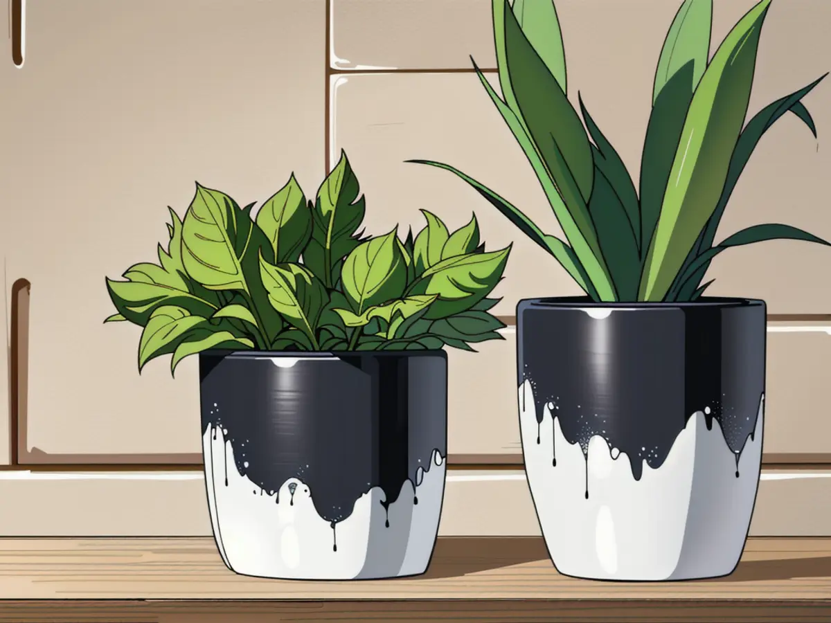 Two paint-drip adorned planters on a wooden shelf, each home to a lush green plant, nestled against a sturdy brick wall.