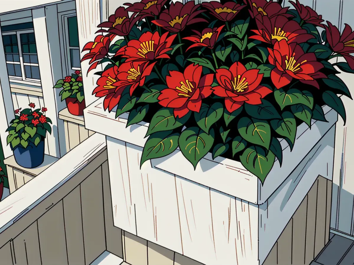 Vibrant red blooms rest in a white planter box outlined by a crisscross pattern, situated on a porch adorned with a white railing and gray siding.