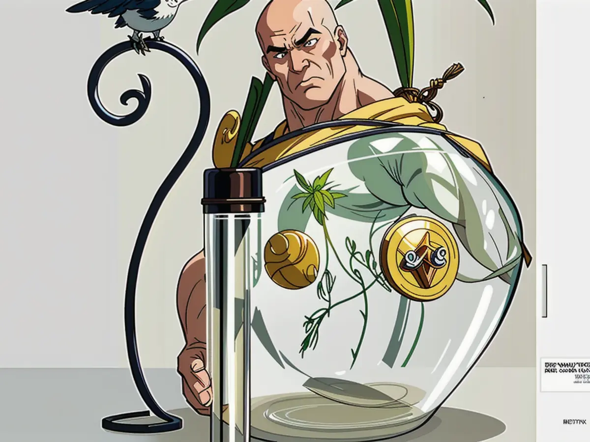 Ornamental plant positioned inside a bulb vase perched atop a metal base, accompanied by a bird figurine, positioned on a flat surface.