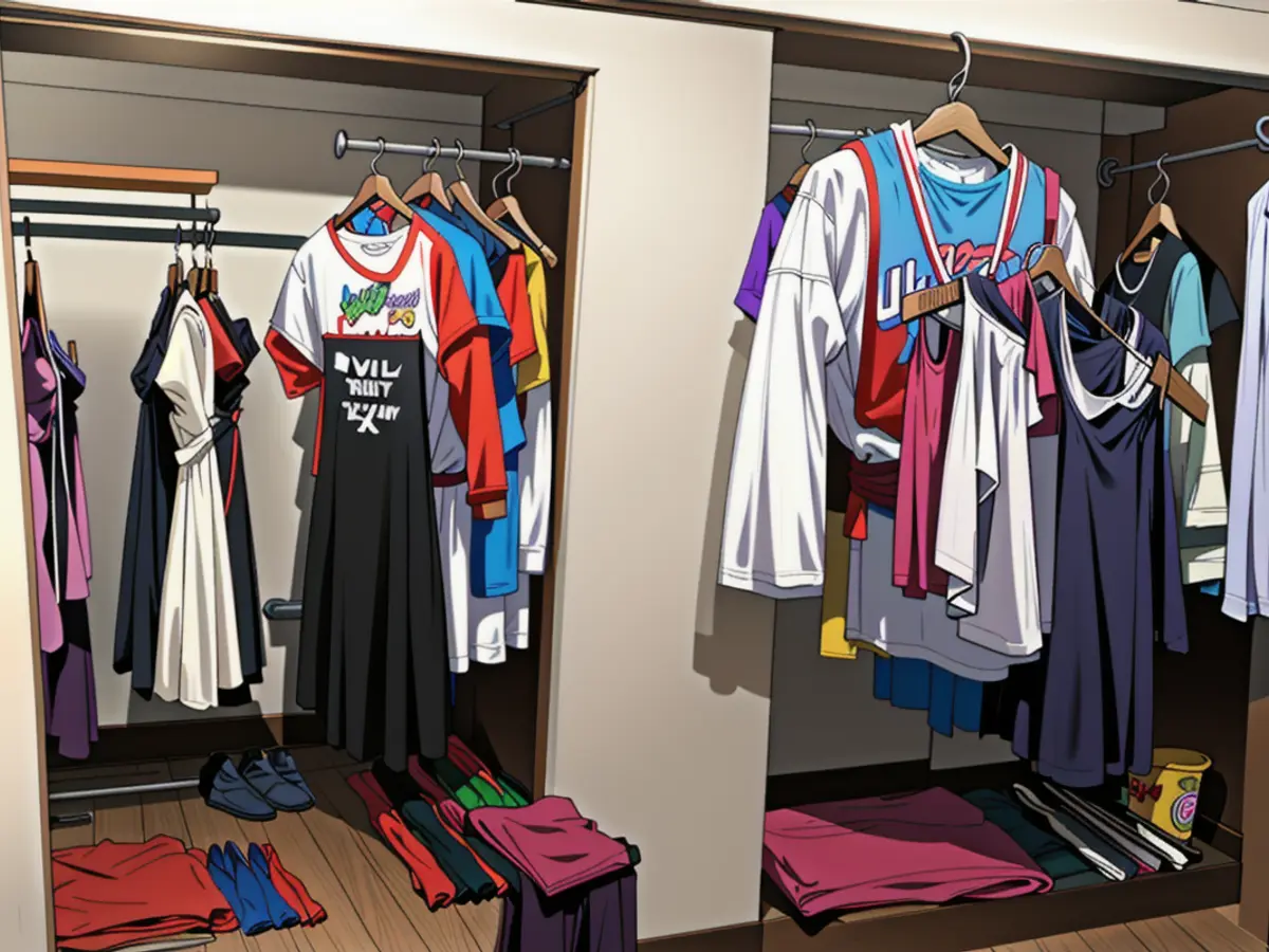 Closet space comparison: Snapshots showing a filled closet with plastic hangers contrasted with a more spacious closet when employing velvet hangers. Photo showcases a cluttered closet using plastic hangers versus a spacious one when utilizing velvet hangers.