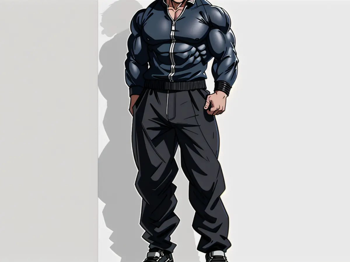 A dark overalls outfit is in question. A dark overallsuit is the topic.