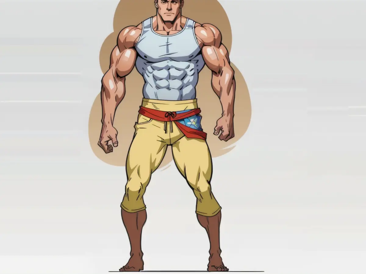 Individual sporting a tannish lower attire Individual sporting tan-hued pants in public setting