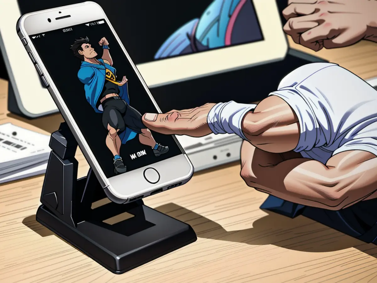 Desk-placed cell phone stand, holding a device, in black color. Phone resting on black cell phone stand, with device in use on desk surface