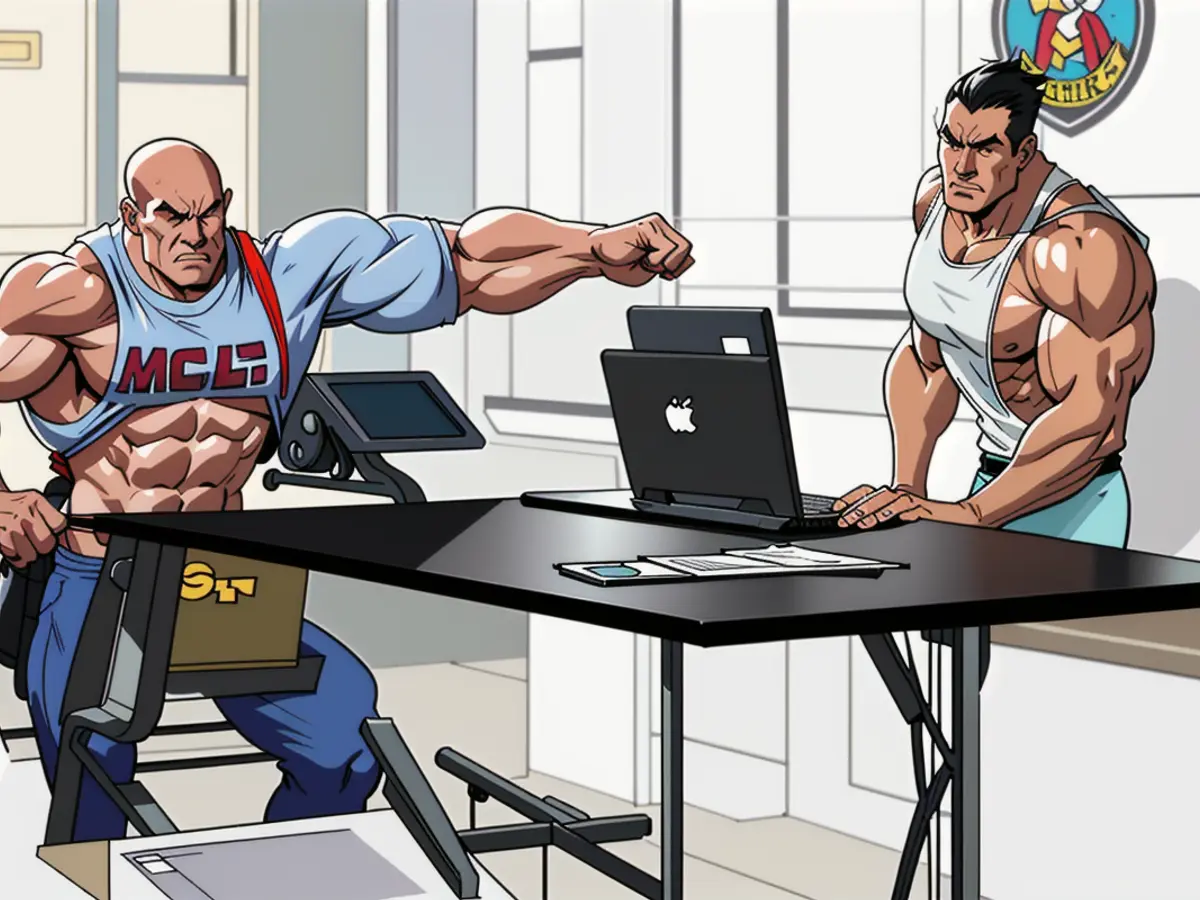 Folded-up black table reveals a laptop and accompanying chair nearby. Table collapses, revealing a laptop and a nearby seat.