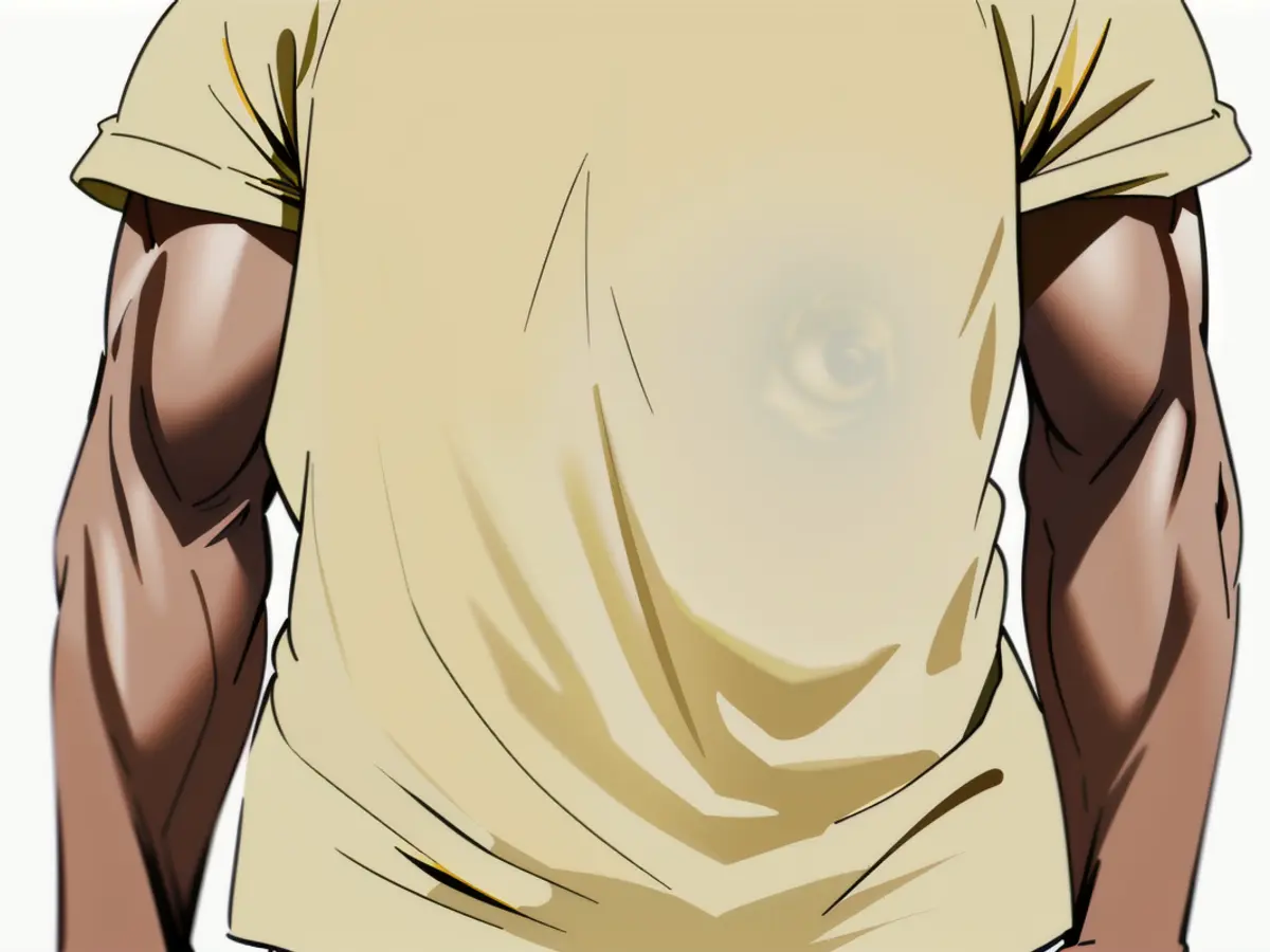 Individual sporting apparel accessorized with a shirt. Individual sporting a casual top clothing item.