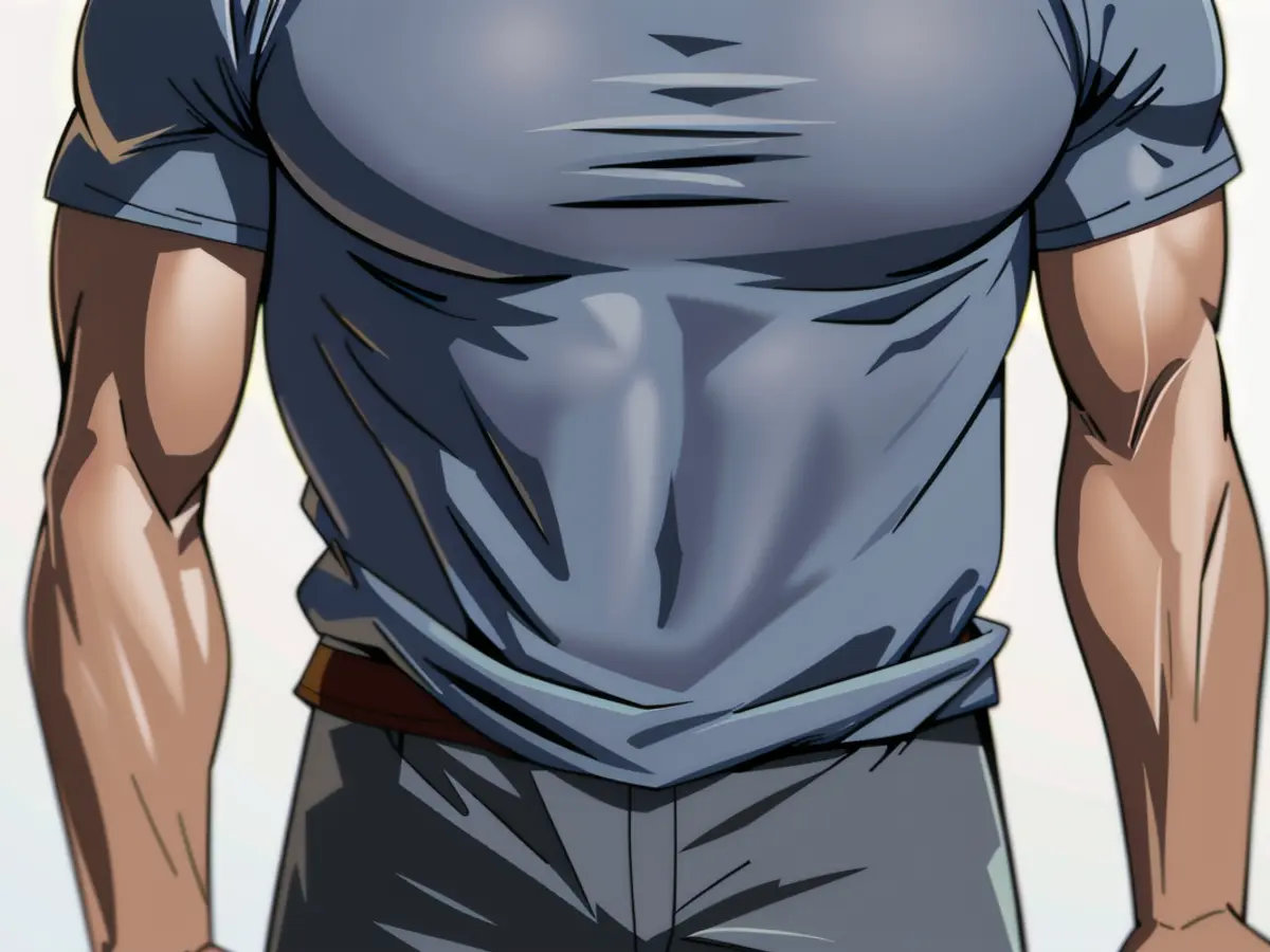 Individual sporting a garment over torso. Individual sporting attire featuring a shirt design.