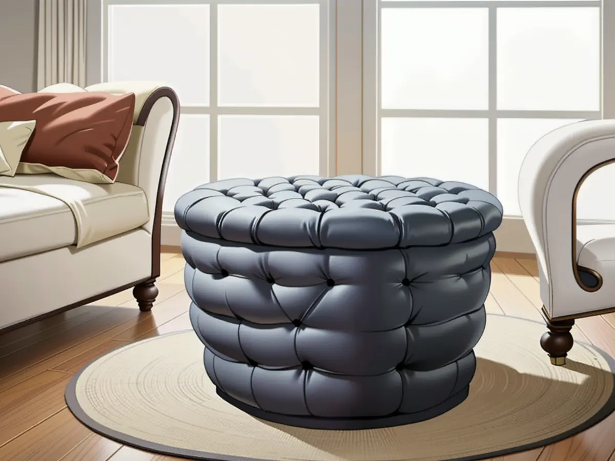 Round storage ottoman showcased, sporting a fashionable tufted top constructed from linen fabric and accentuated with nail-head trim. A picture featuring a stylish round ottoman, boasting a tufted top made of linen and adorned with nail-head trim.