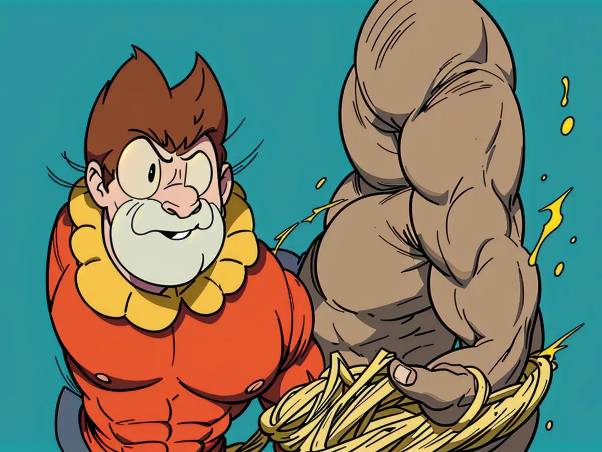 Garfield characterized devouring a towering mass of pasta, depicted as spaghetti. Cartoon depicts Garfield preparing for a massive feast of spaghetti.