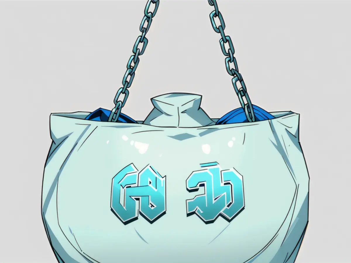 A compact, blue-hued accessory adorned with a chain strap for carrying convenience. Bag with small blue color and chain handle design found