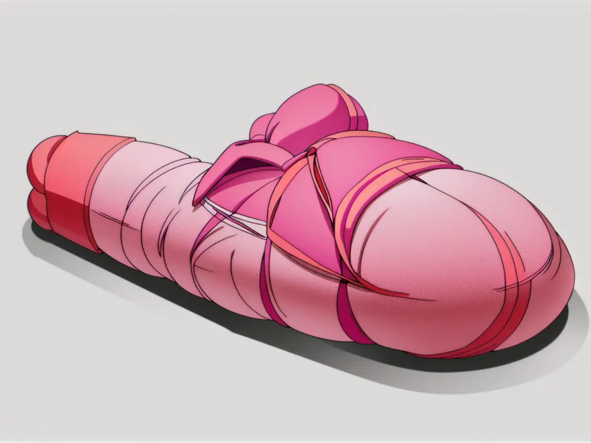 A vague, rosy-hued household footwear item. A rouged, pink footwear accessory