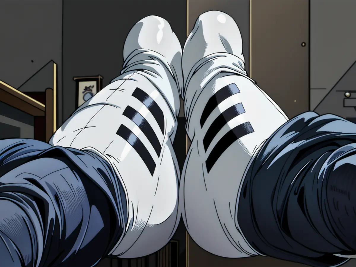 Individual sporting denim pants and a set of black-and-white tennis shoes.