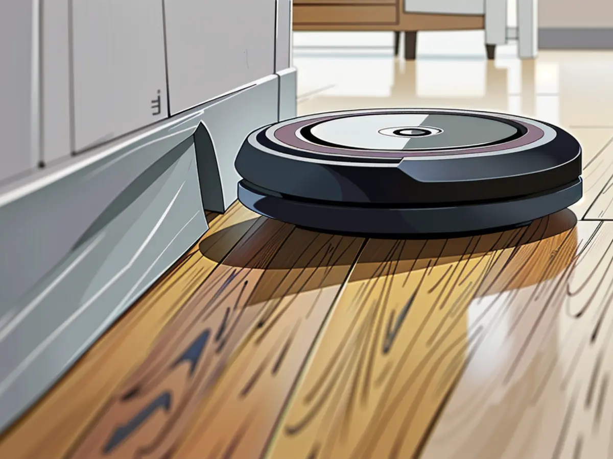 Wooden Floor Being Cleaned by iRobot Roomba iRobot Roomba vigorously sweeping hardwood surface clean