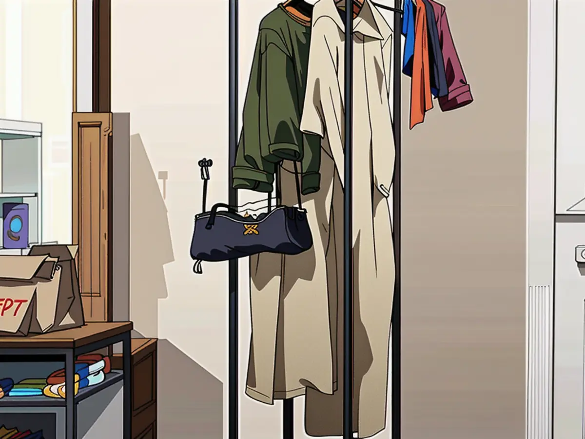 Versatile, Freestanding Storage Solution: Offers Shelves for Hanging Coats, Storing Purses, and Accommodating Bags. Freestanding brown coat rack featuring shelves and compartments for hanging coats, storing purses, and accommodating bags.