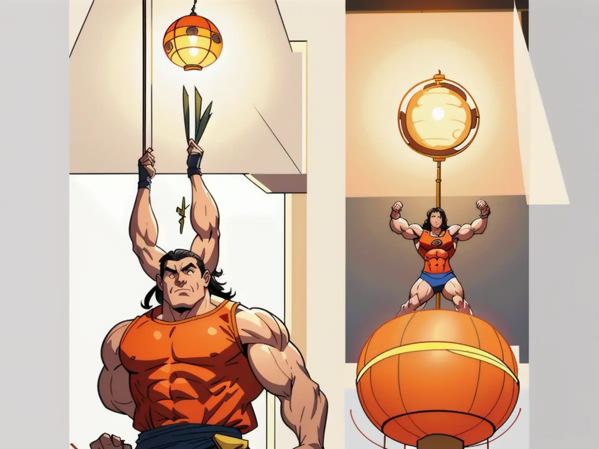 Two lamps, colored orange, are present in the scene. Two yellow-orange lights suspended in the air