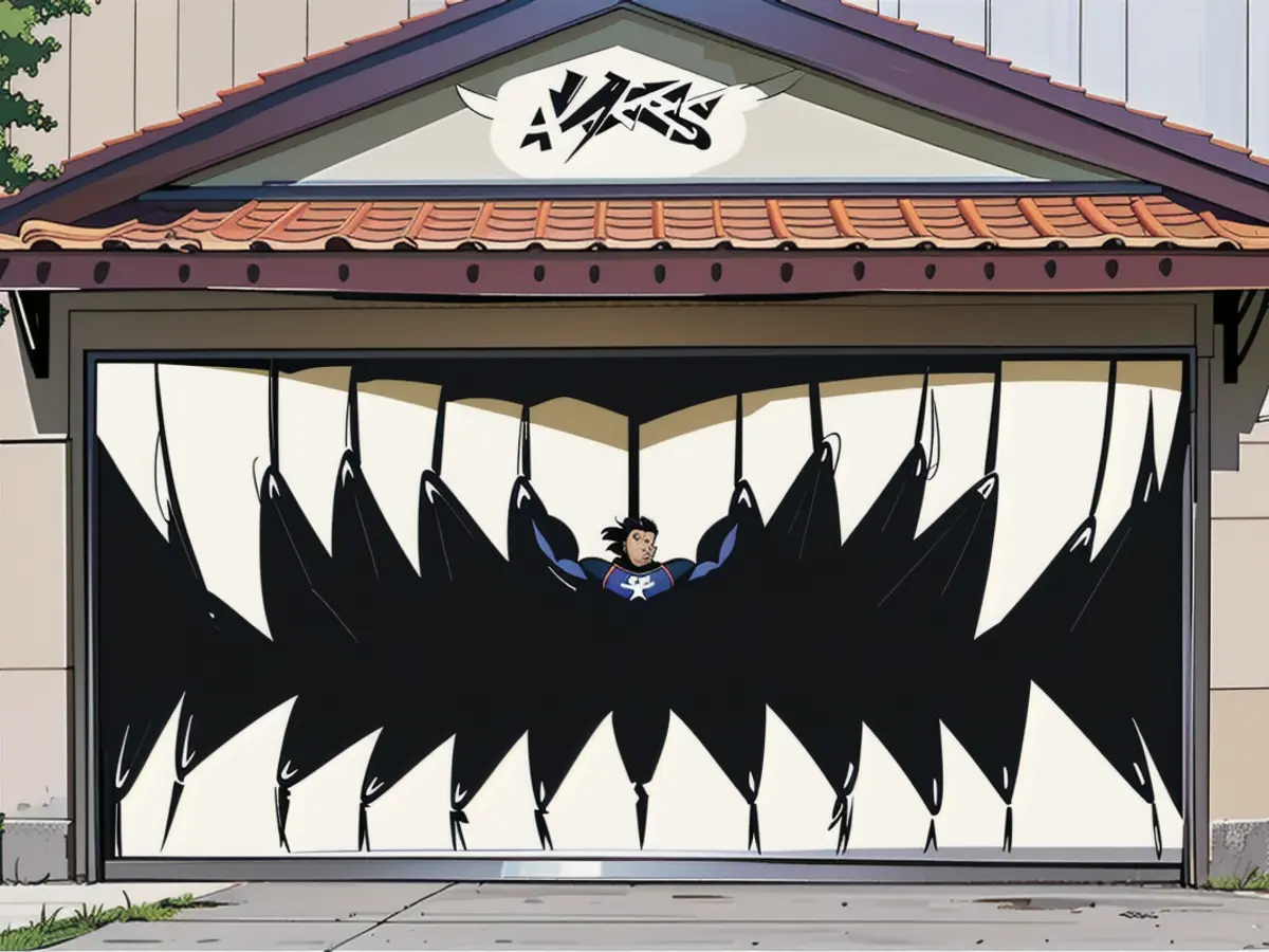 Garage door decorated with a vast, outdoor painting Large-scale artwork displayed on an oversized garage door
