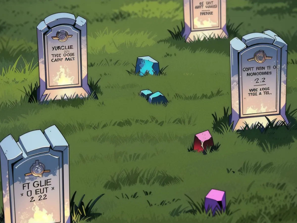 Yard illuminates with the glow of four tombstone lights. Lights on four tombstones illuminate a yard.