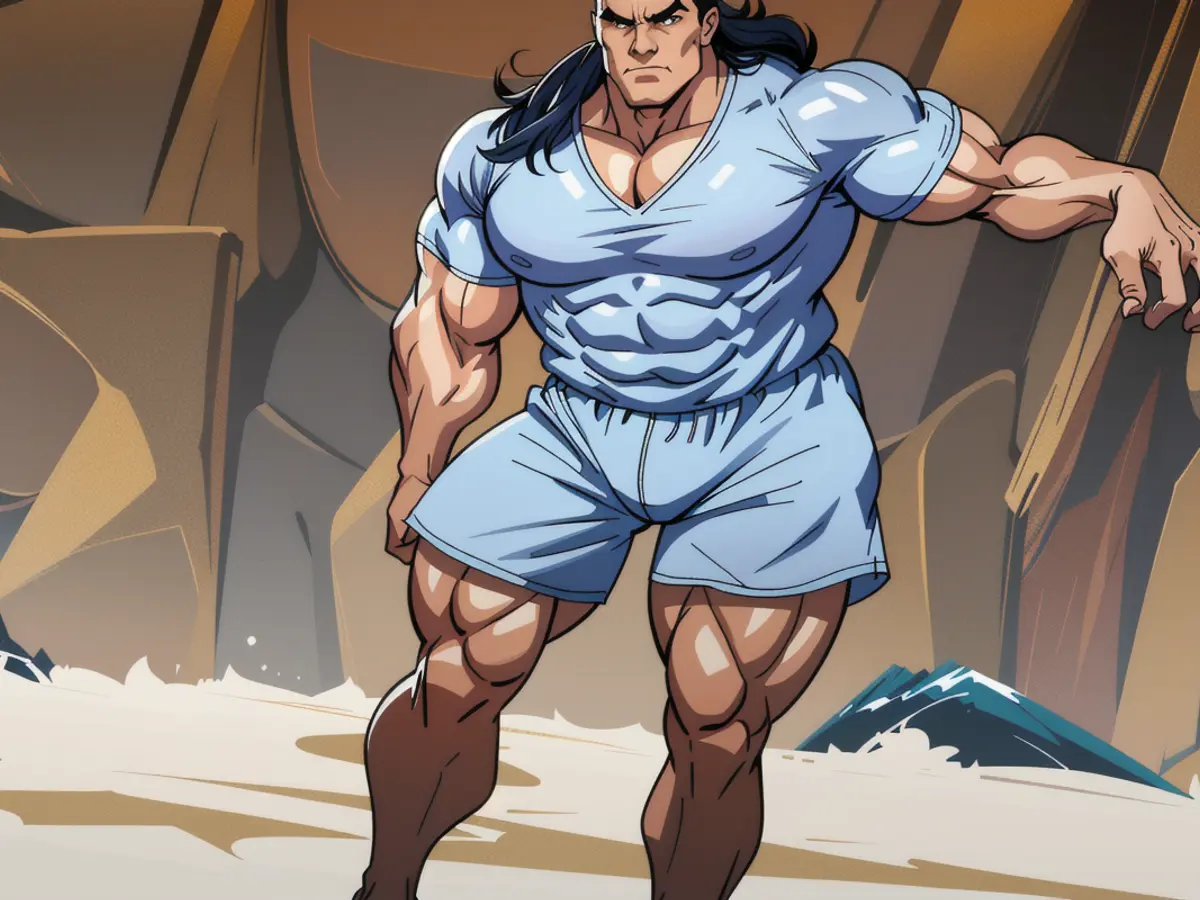 Critic donning a short-sleeved, blue romper outfit Reviewer donning a short-sleeved blue romper apparel.