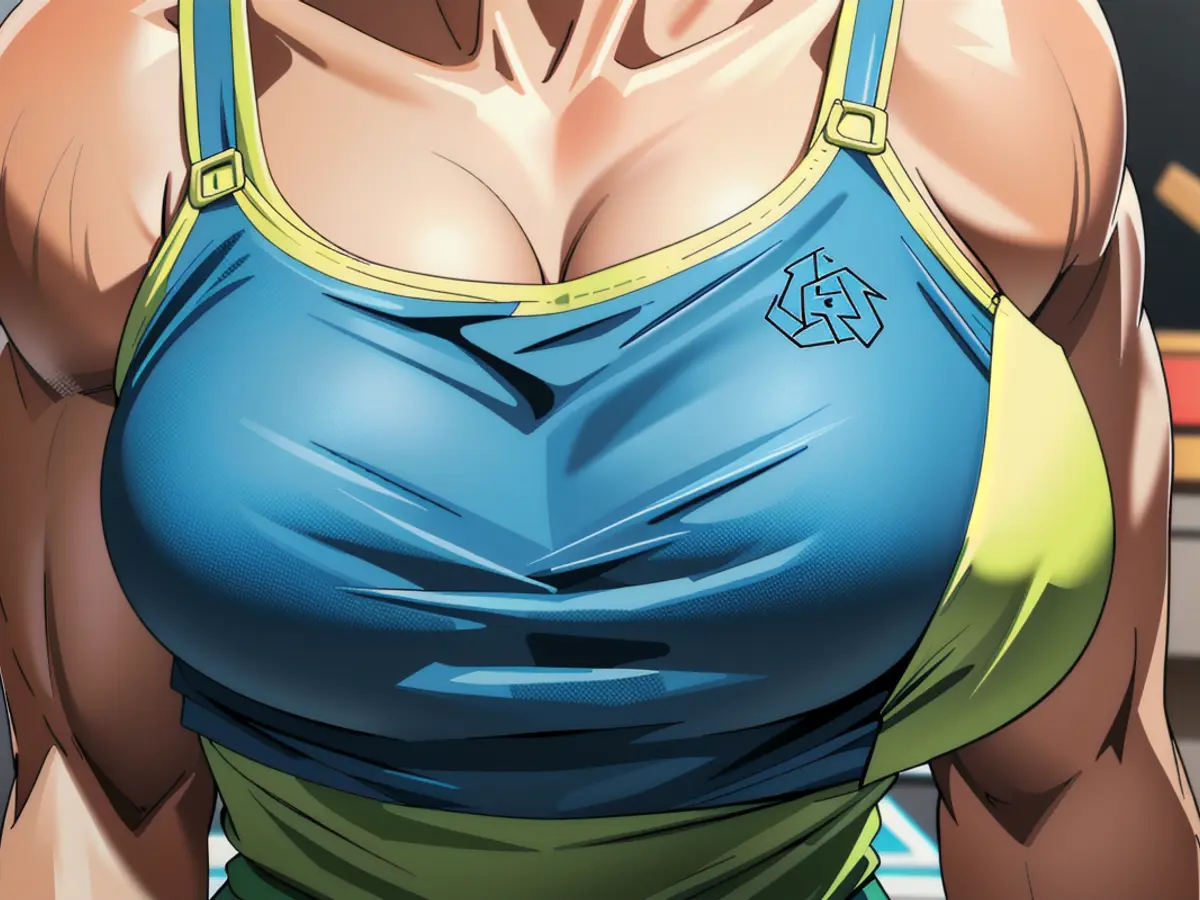 Critic dons striking ensemble, sporting a bra in shades of blue and lime green, paired with black leggings. Assessor Sporting Vibrant, Multi-Hued Lingerie and Dark Leggings Acts as Critic
