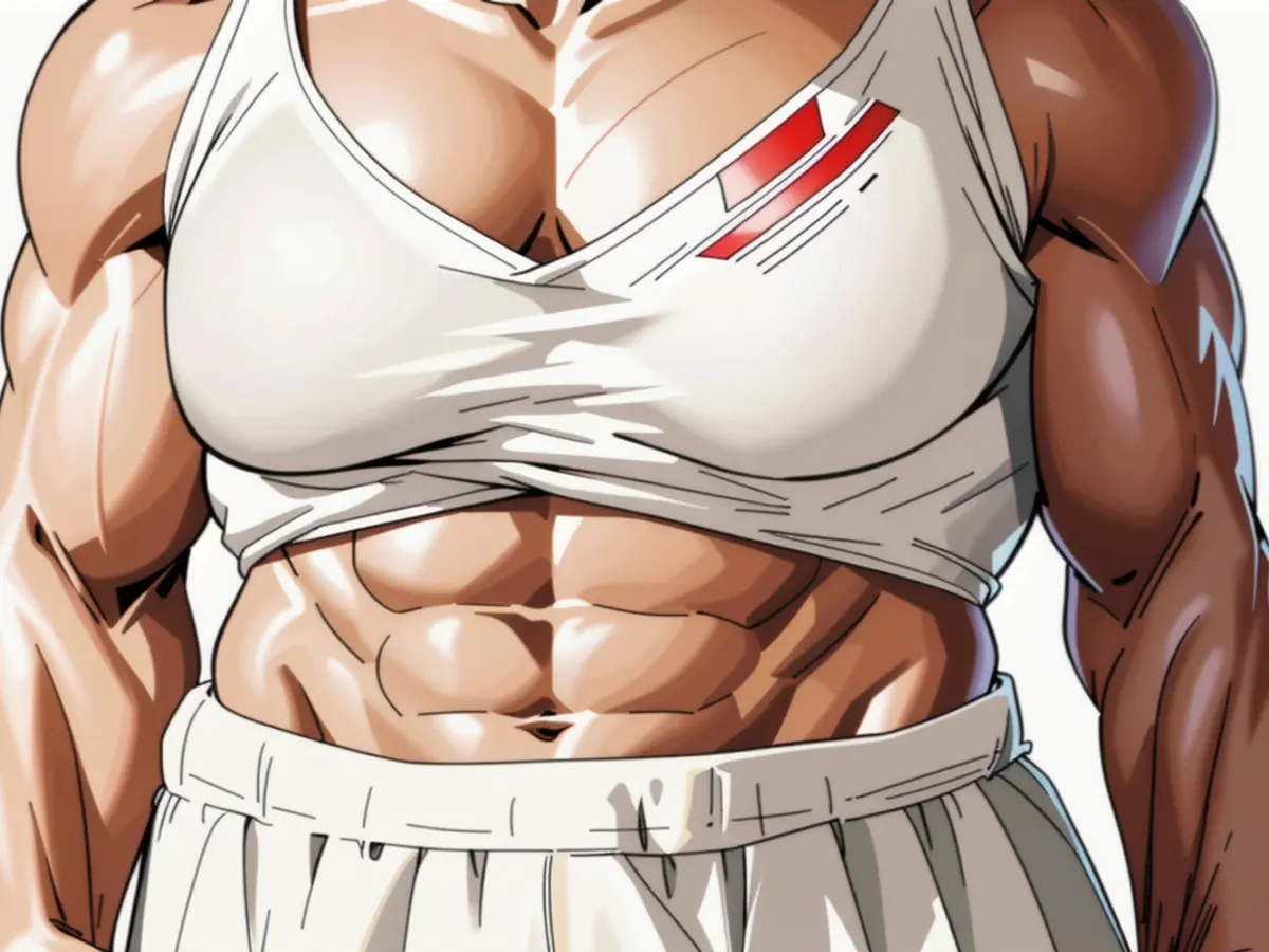 Abdominal view of the model, showcasing where the straps are connected horizontally. Model displaying straps joining over their midsection from the front view.