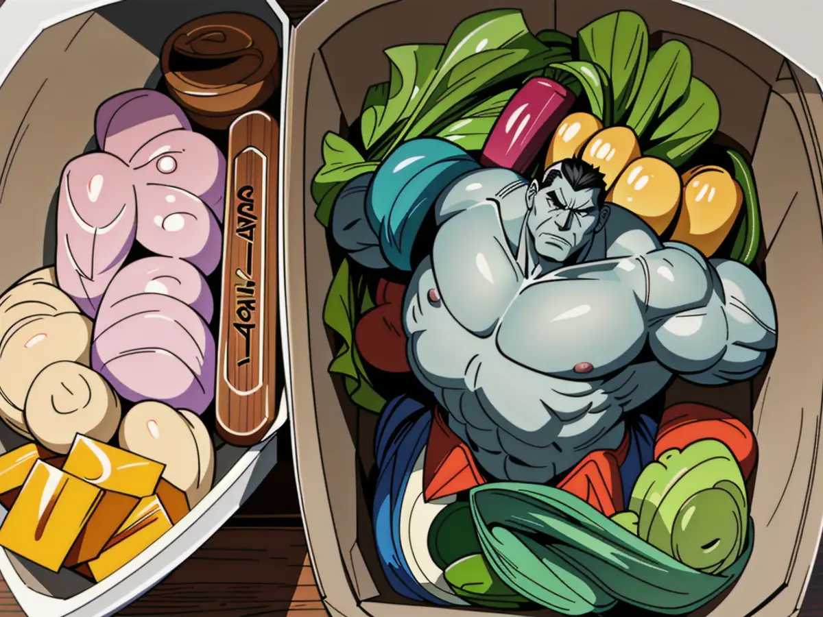 Bento box containing examiner's mixed greens under critical evaluation