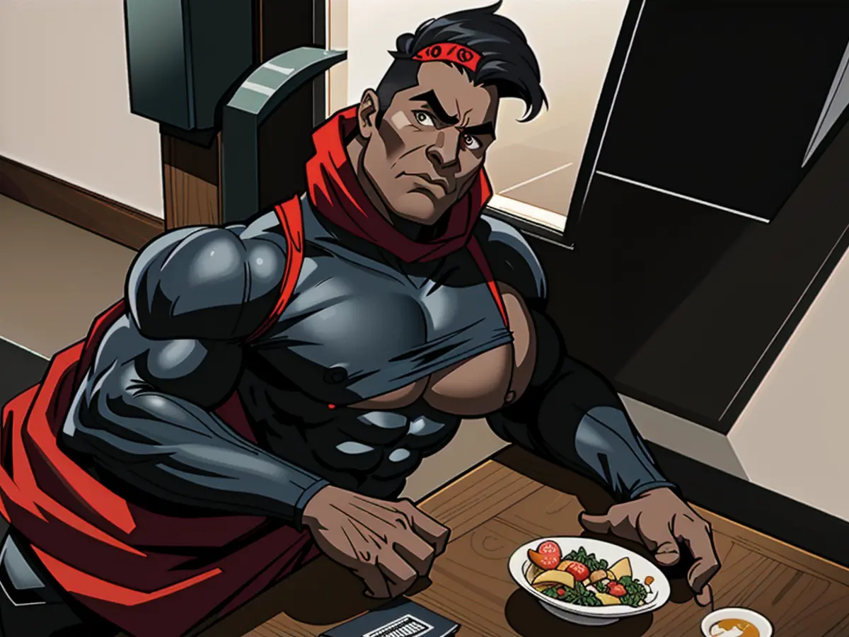 Black canine adorned with a black and red scarf settled in front of a dish towel inscribed with the phrase, 