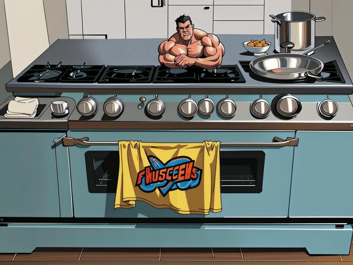 towel hanging from a retro blue stove, as evaluator observed