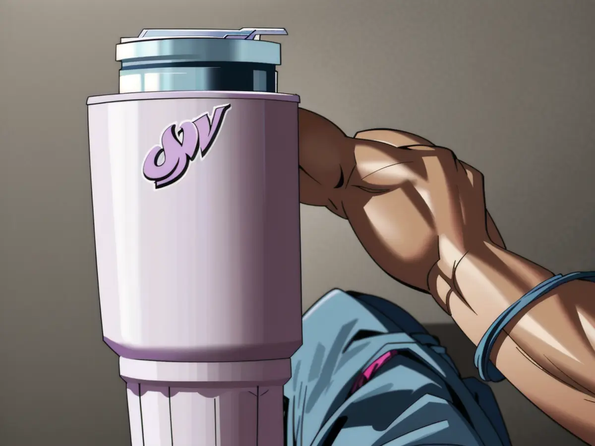Critic sips from a mute-tone pink or purple beverage container