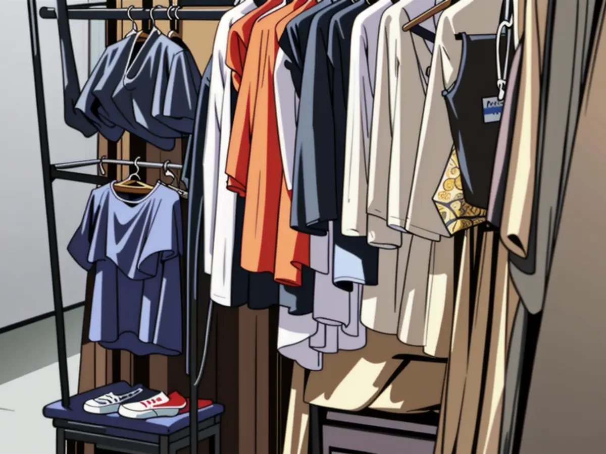 Image displaying a black clothing rack, adorned with apparel, folded clothes, and footwear arrangements.