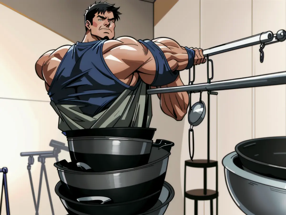 Visual inspection of a gray storage rack stocked with assorted pots and pans.