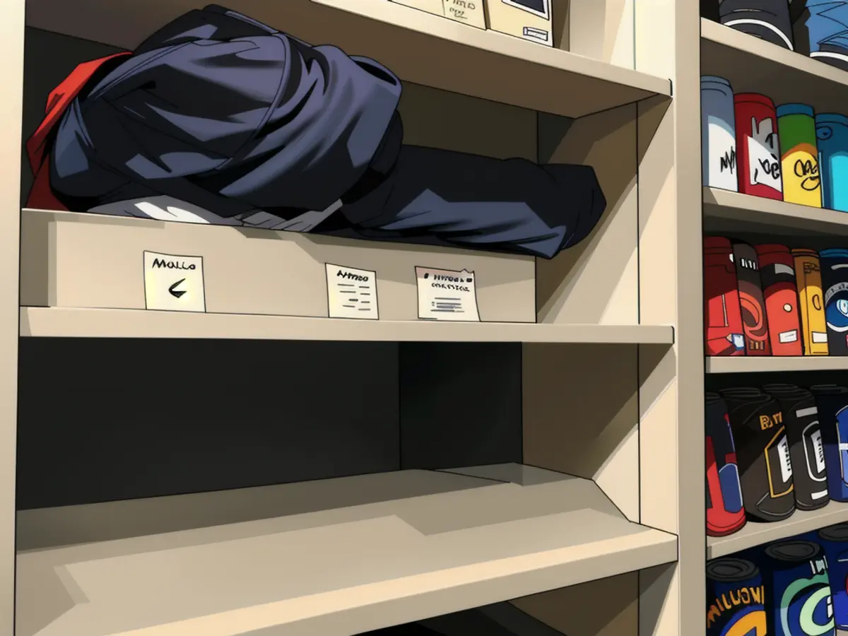 photo of a cluttered shelving unit filled with stacked shoes organized by white containers