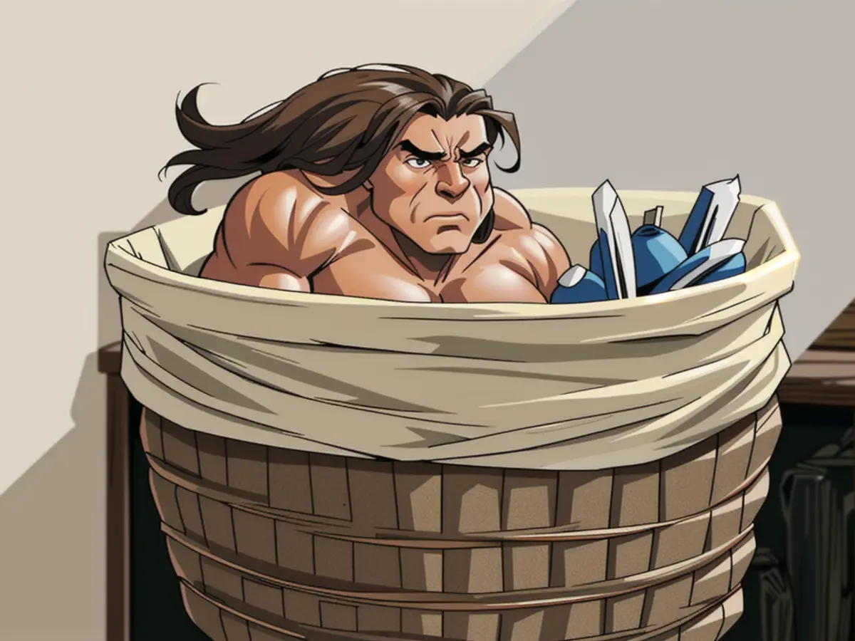 Image of a reviewer alongside a brown and white rope storage basket filled with plush toys.