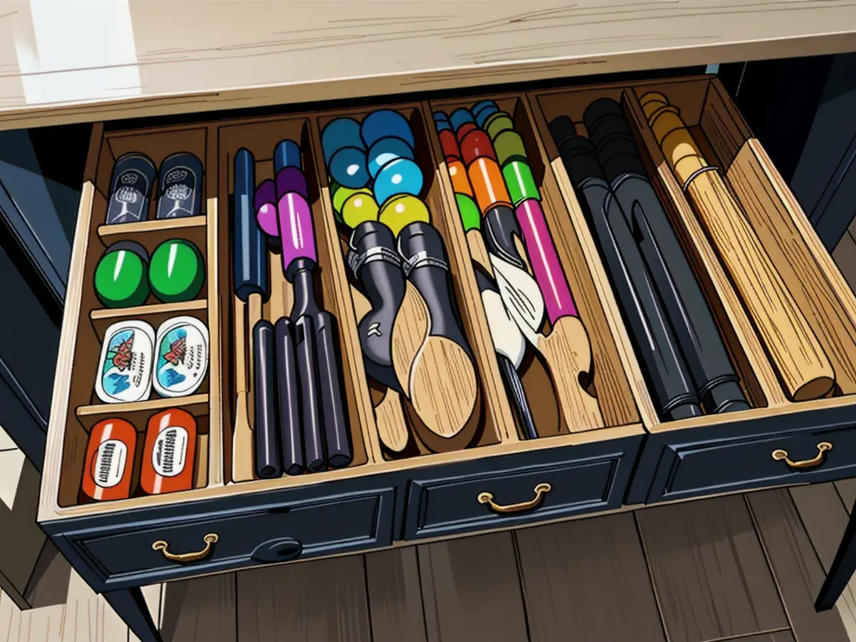 Image showcases a roomy kitchen drawer, neatly structured by five eco-friendly bamboo drawer dividers.