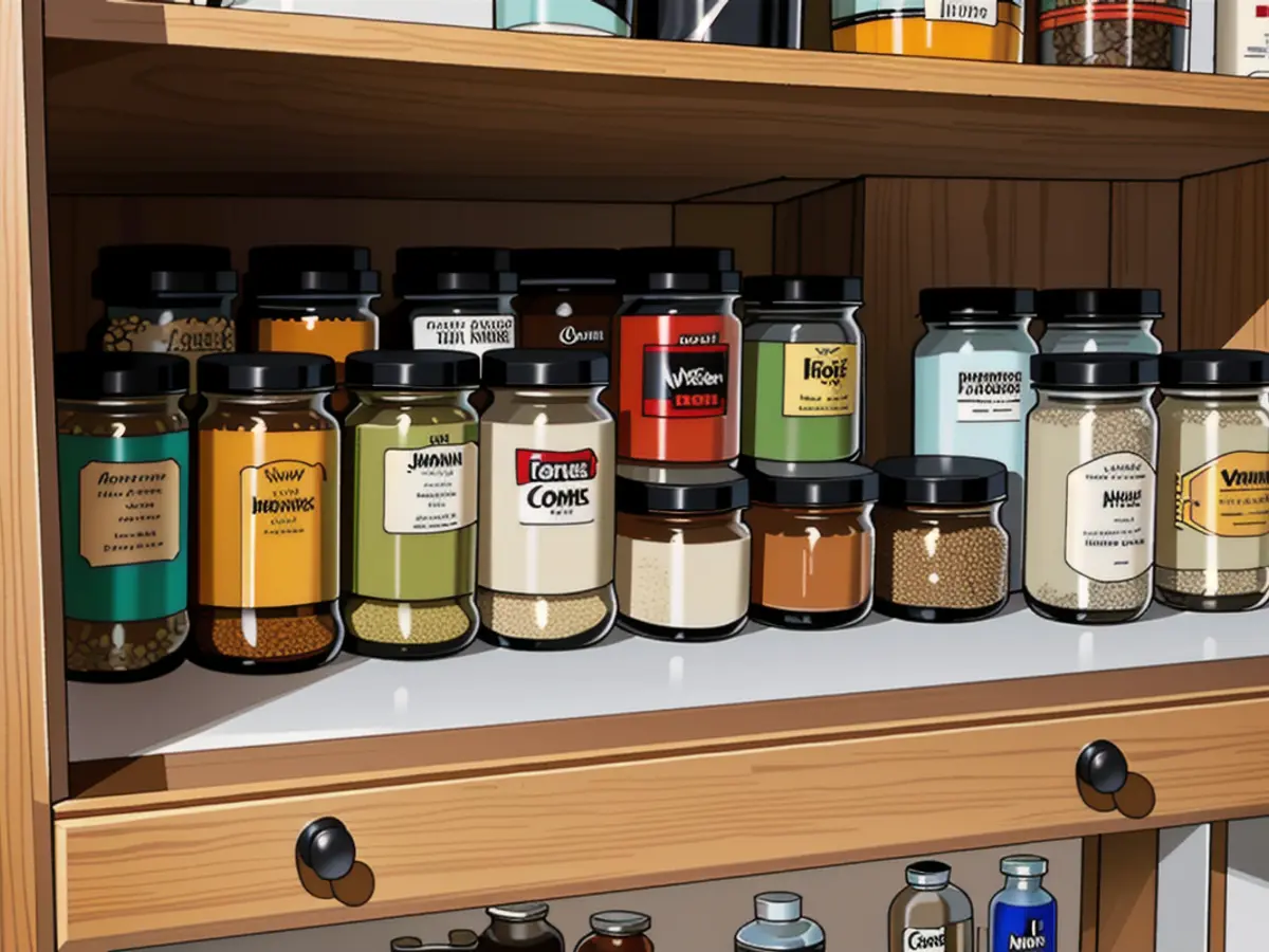 Image of neatly arranged spice cabinet utilizing a three-tier spice rack for optimal storage and accessibility.