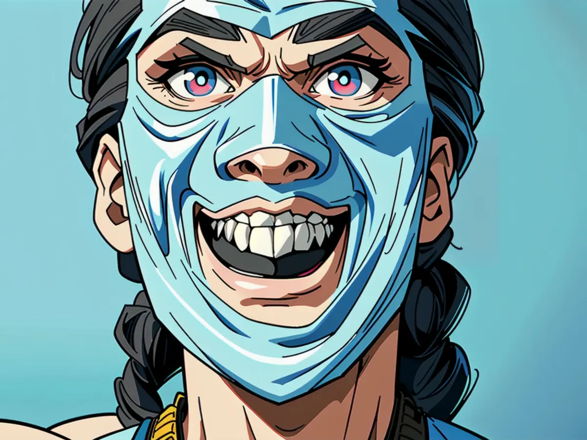 Individual sporting a blue mask in public setting. Individual sporting a blue mask in public view.