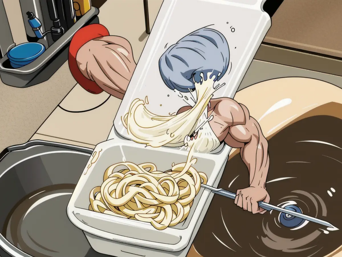Individual emptying water from a receptacle into a drain, with the pasta remaining safely within the container.