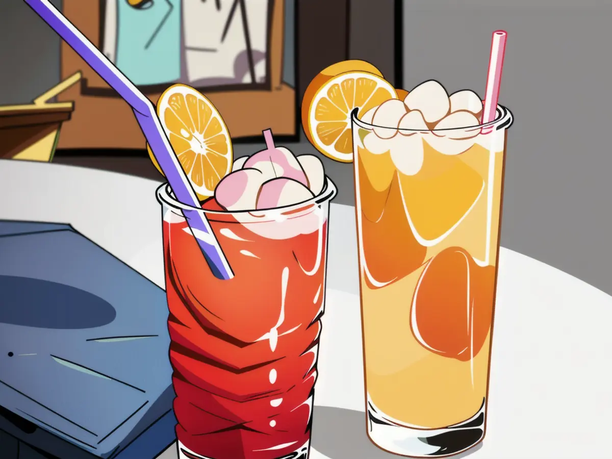 Refreshable sippers grace two beverages resting on a nearby table.