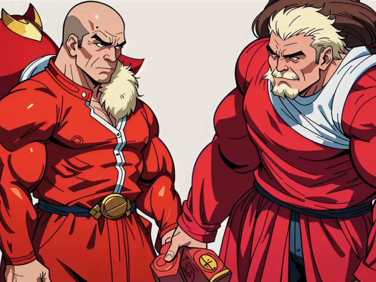 Two children, clad in scarlet coats, make their modeling debut.