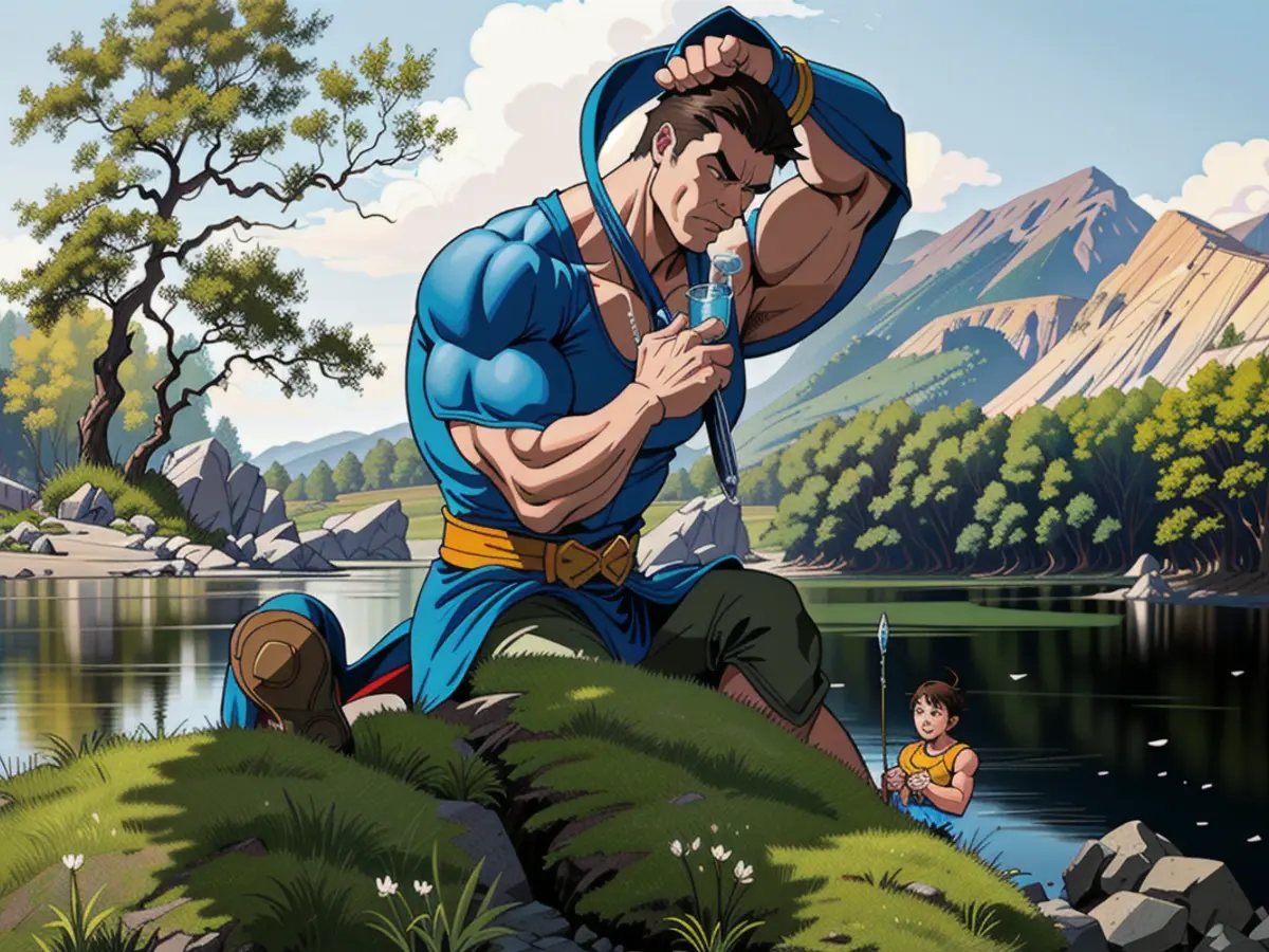 Individual utilizing Lifestraw for consuming water from a pond Individual employing Lifestraw to consume water from a pond