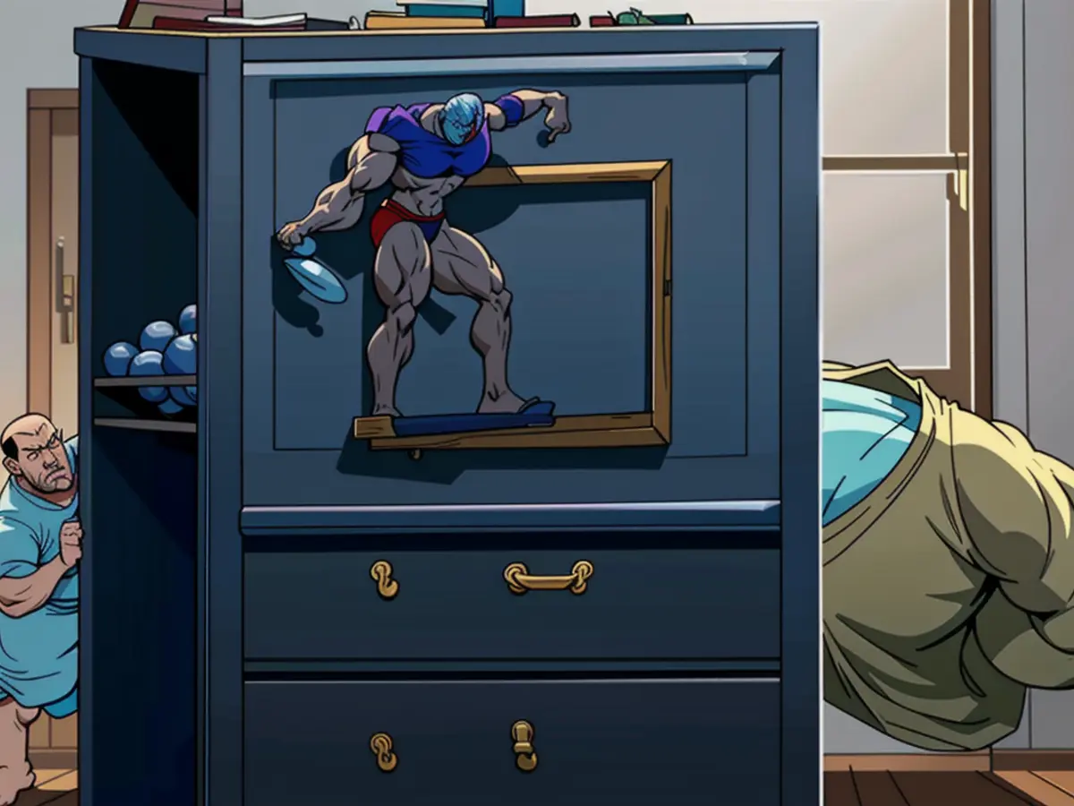 Blue dresser featuring four drawers and a wooden top Wooden-topped blue dresser having four drawers for storage.