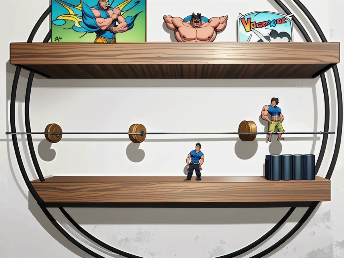 Floating shelved circular wall decoration with two suspended shelf units Floating shelf wall decor with a circular centerpiece