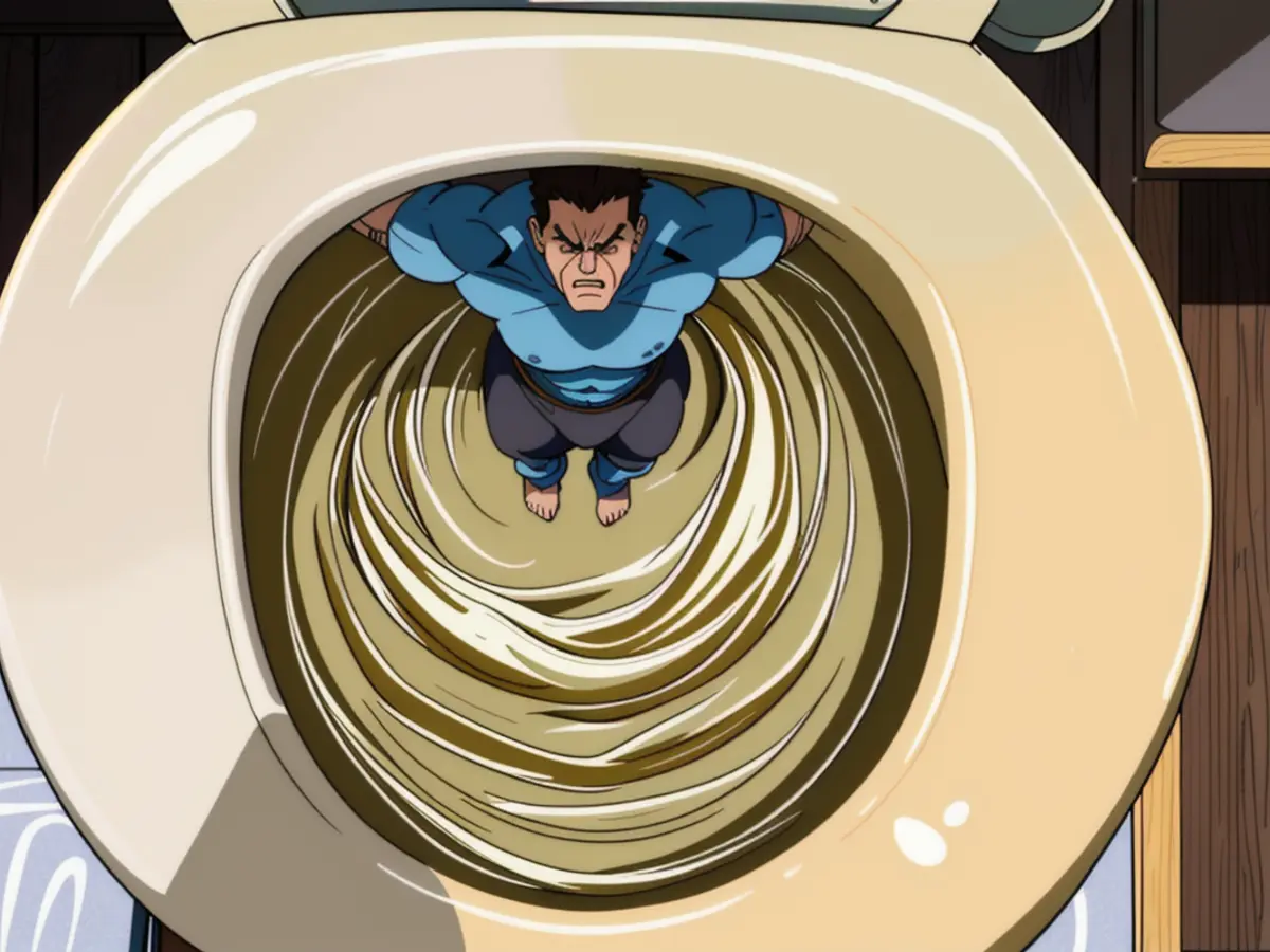 Image showcases a toilet bowl with discolored and dirty stains, primarily dark yellow and brown. Toilet bowl inspected by reviewer, showcasing discolored stains of dark yellow and brown hues.