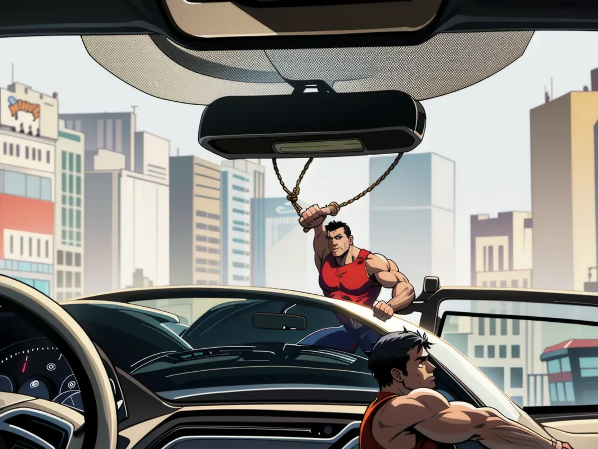 Holder grasps miniature flask while securing rope around rear view mirror. A person grips a small vial while a rope is affixed to the rearview mirror.